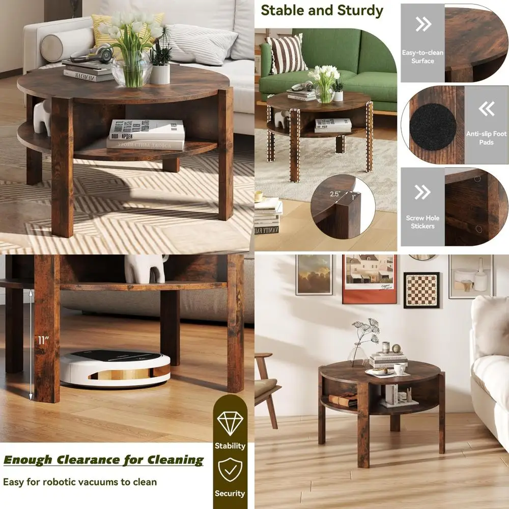 

Round 2-Tier Modern Coffee Table with Storage Shelves and Side Compartments, Wood Center, Mid Century Style, Tea Cocktail Table