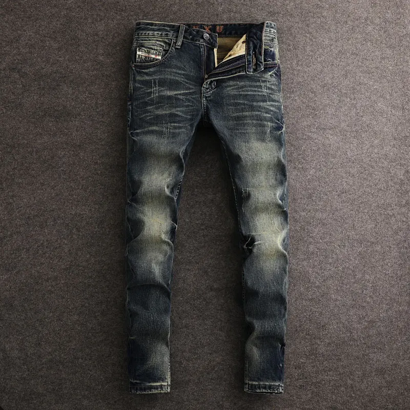 Italian Street Fashion New Men's Jeans Vintage Blue Elastic Slim Fit Split Jeans Water Wash Nostalgic Hip Hop Brand Pants hombre