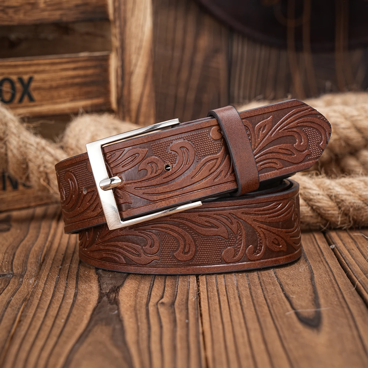 Western Cowboy PU Leather Belt - Men Waist Strap Bull Decoration Floral Engraved for Jeans