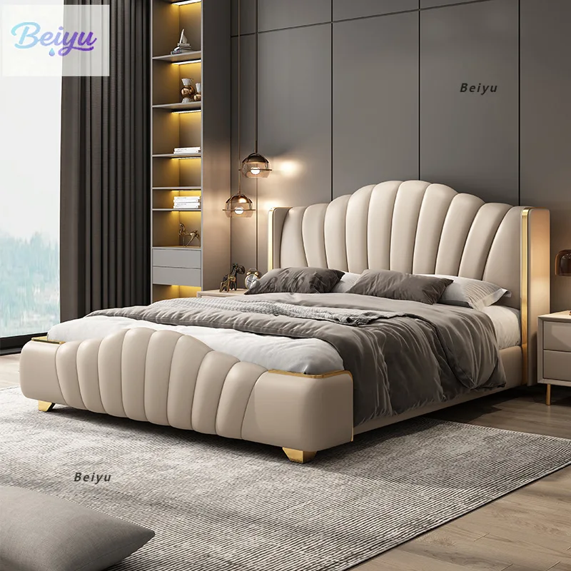 

Современная простая легкая роскошная кожаная кровать в главной спальне, двуспальная кровать 1,8 метра, 2-метровое хранилище из цельного дерева, высококачественная атмосферная Ita