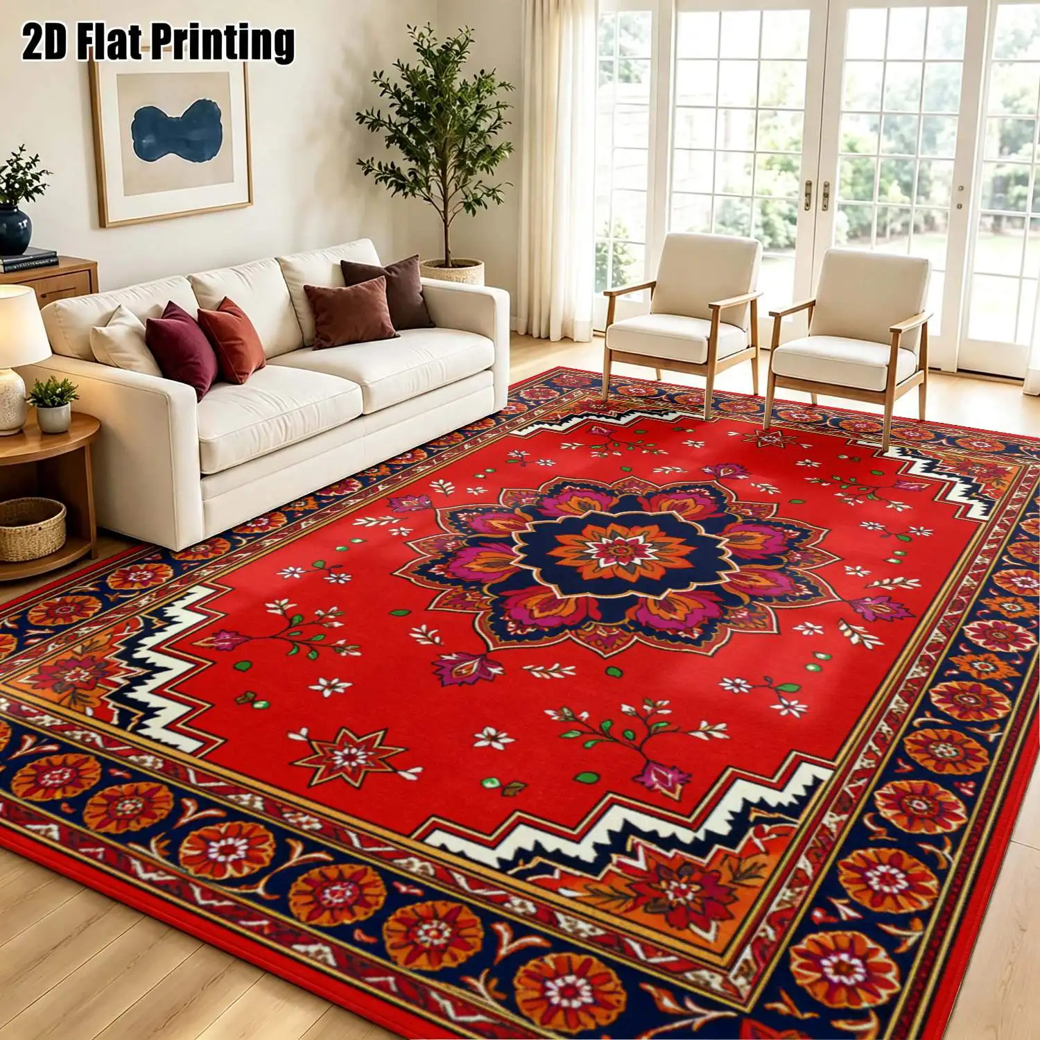 1Pc 2D Printed Carpet: Large Red Flower Clusters, Retro Ethnic Patterns Bohemian/European-Style, Machine Washable, Multi-Size, Ideal for Home Decor, Multi-Scene Use.
