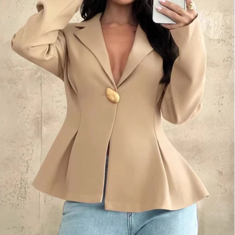 Veste de costume pour femme, nouvelle mode printemps 2026, couleur unie, personnalité, col en V, coupe ajustée, un bouton