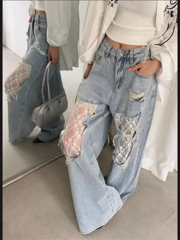 

Chic Patchwork Jeans for Women High Waisted Wide Leg Lace Denim Pants Summer Casual Cool Girl Streetwear Trousers