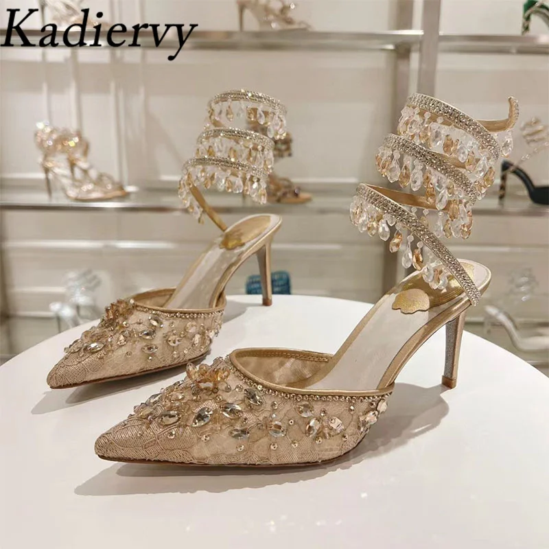 Summer High Heels Shoes Women Crystal Pendant Snake Twine Around Ankle Strap Party Shoes Pointed Toe Mesh Pumps Sandals Woman