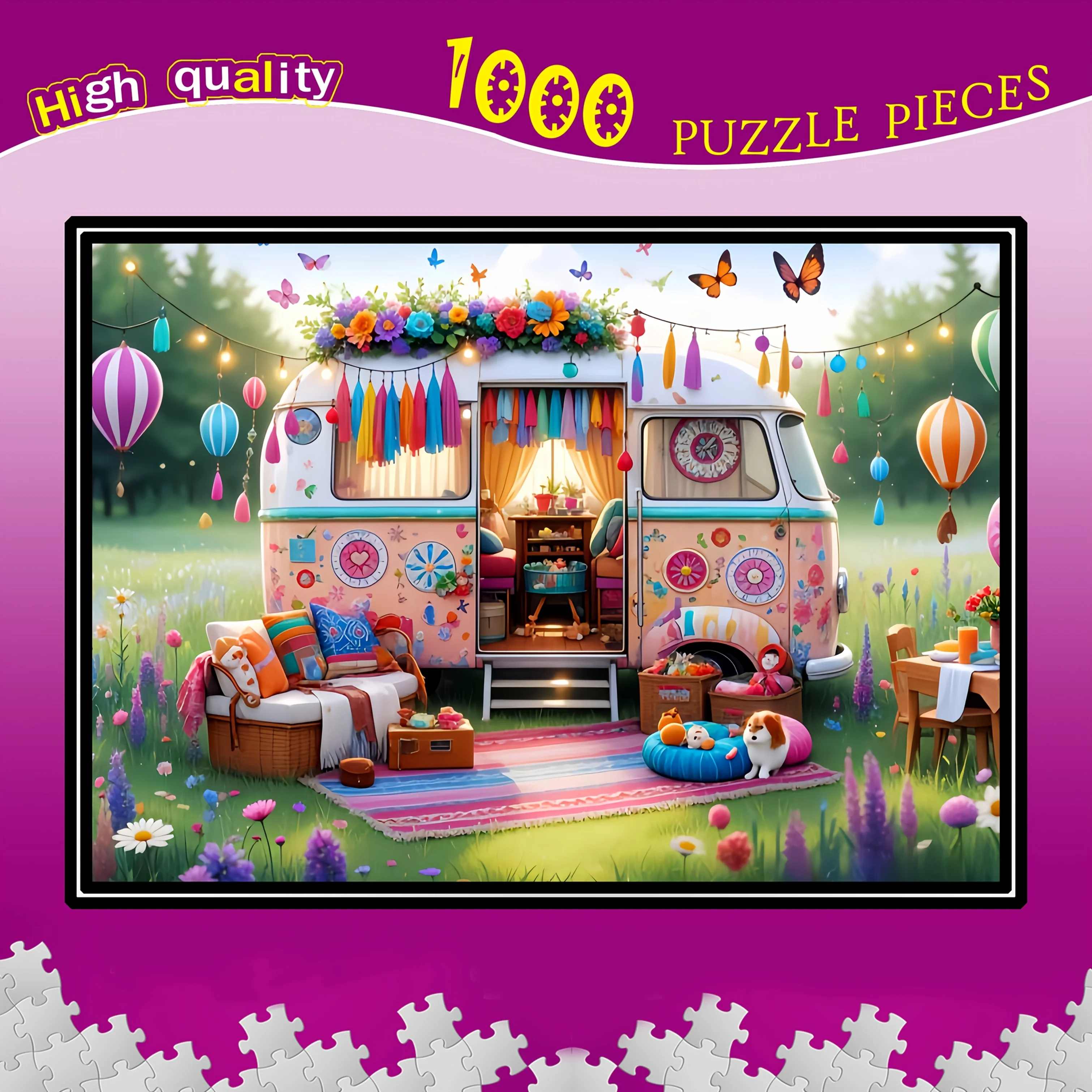 

1000pcs Pink Camper Van DIY Jigsaw Puzzle – Vibrant, Durable & Fun Adult Puzzle with Colorful Decorated Interior, Perfect for