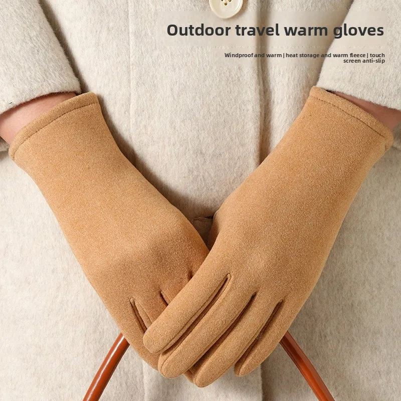 Women Autumn Winter Warm Velvet Thickened Windproof Coldproof Touch Screen Gloves for Outdoor Driving Electric Vehicle Use