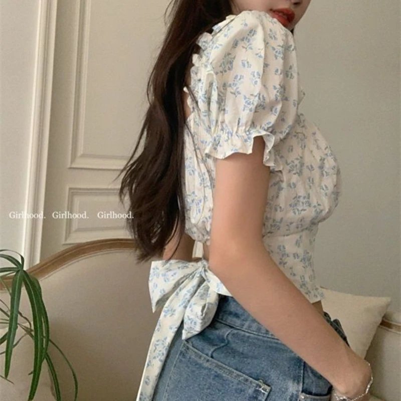 Floral Blouses Women Bandage Puff Sleeve Hotsweet Square Collar Crop Tops Fashion Summer Slim Streetwear Ulzzang Students Simple