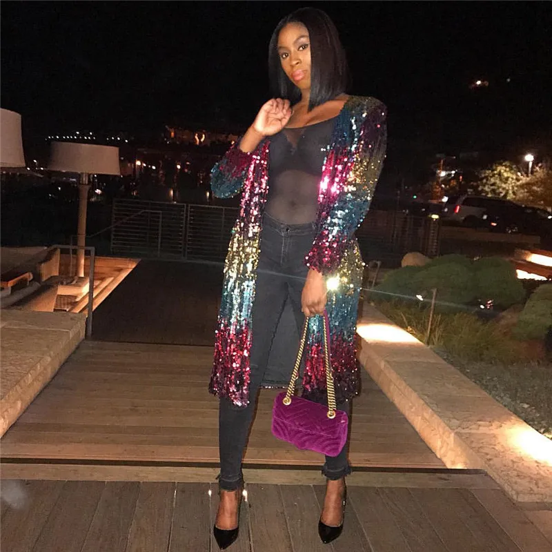 Sparkly Sequin Long Cardigan Women Spring Fashion Long Sleeve Open Front Trench Coat Ladies Party Glitter Kimono Cardigan Coat