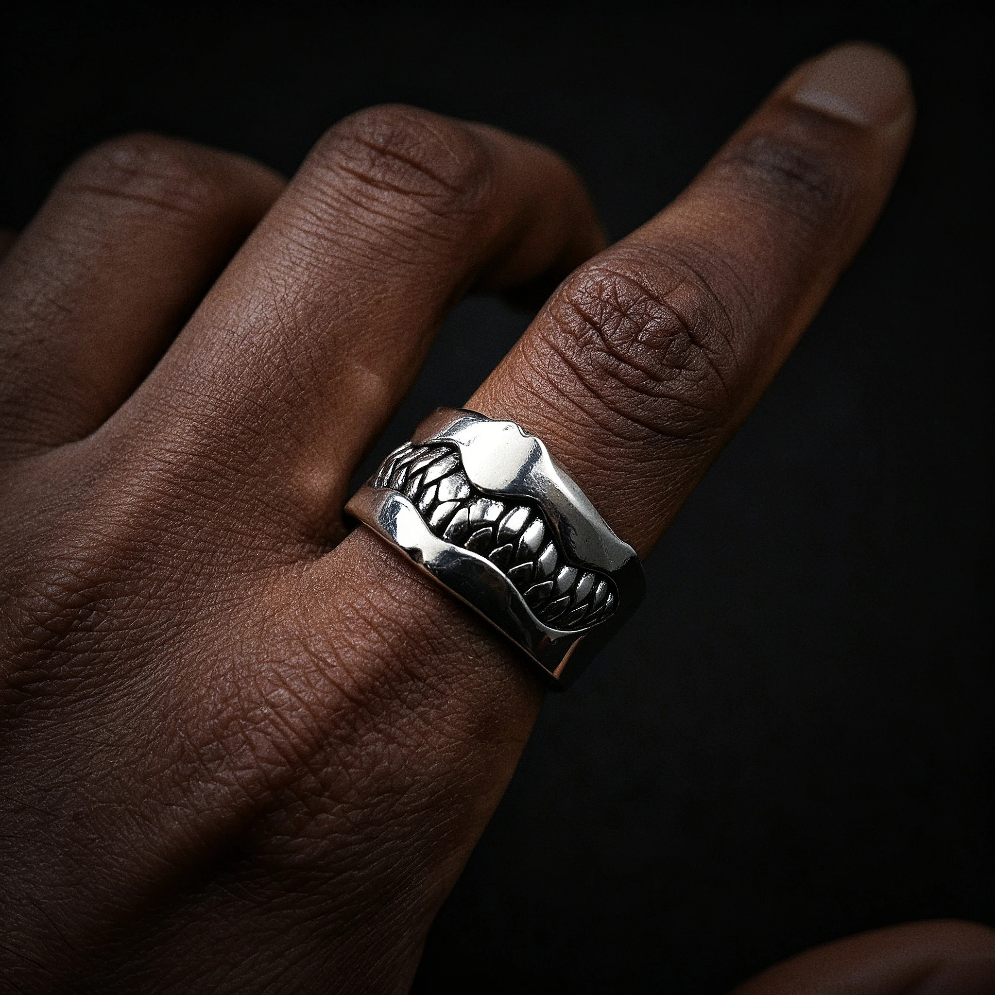 Retro “Mad Fangs” Adjustable Open Ring for Men Silver-plated Brass Gothic Punk Edgy Hiphop Jewelry Bikers Accessories Cool Gift
