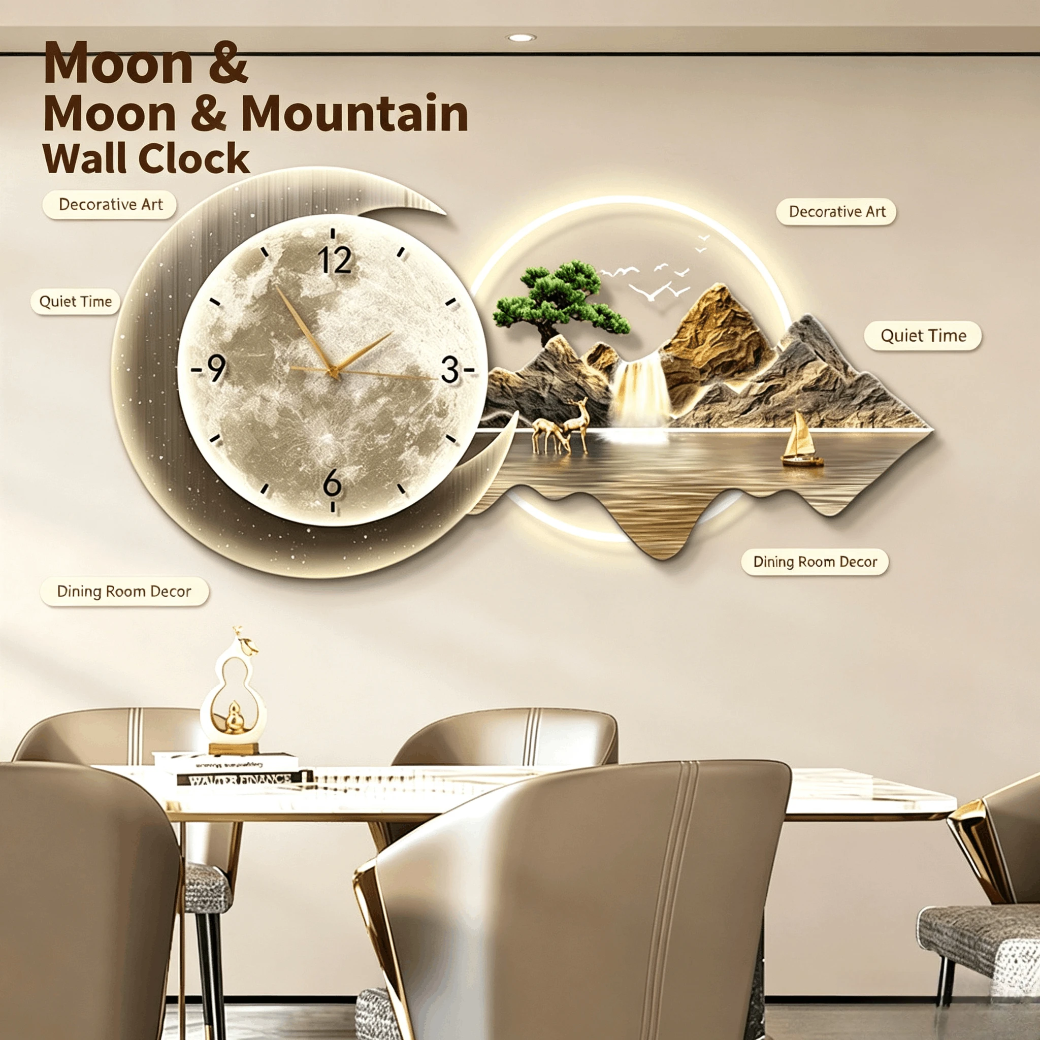 Light Luxury Luminous Wall Clock Decor Painting, Silent Hanging Clock with Light, Landscape Mural for Dining Room