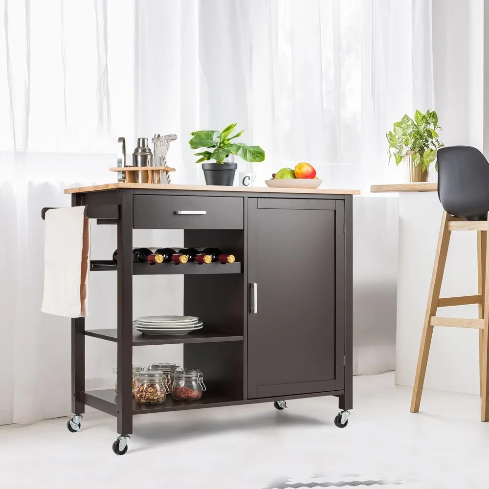 Kitchen Storage Cart with Wheels, Trolley Cart featuring Wine Rack, Shelves, and Towel Rack, 360° Swivel Wheels & Detachable