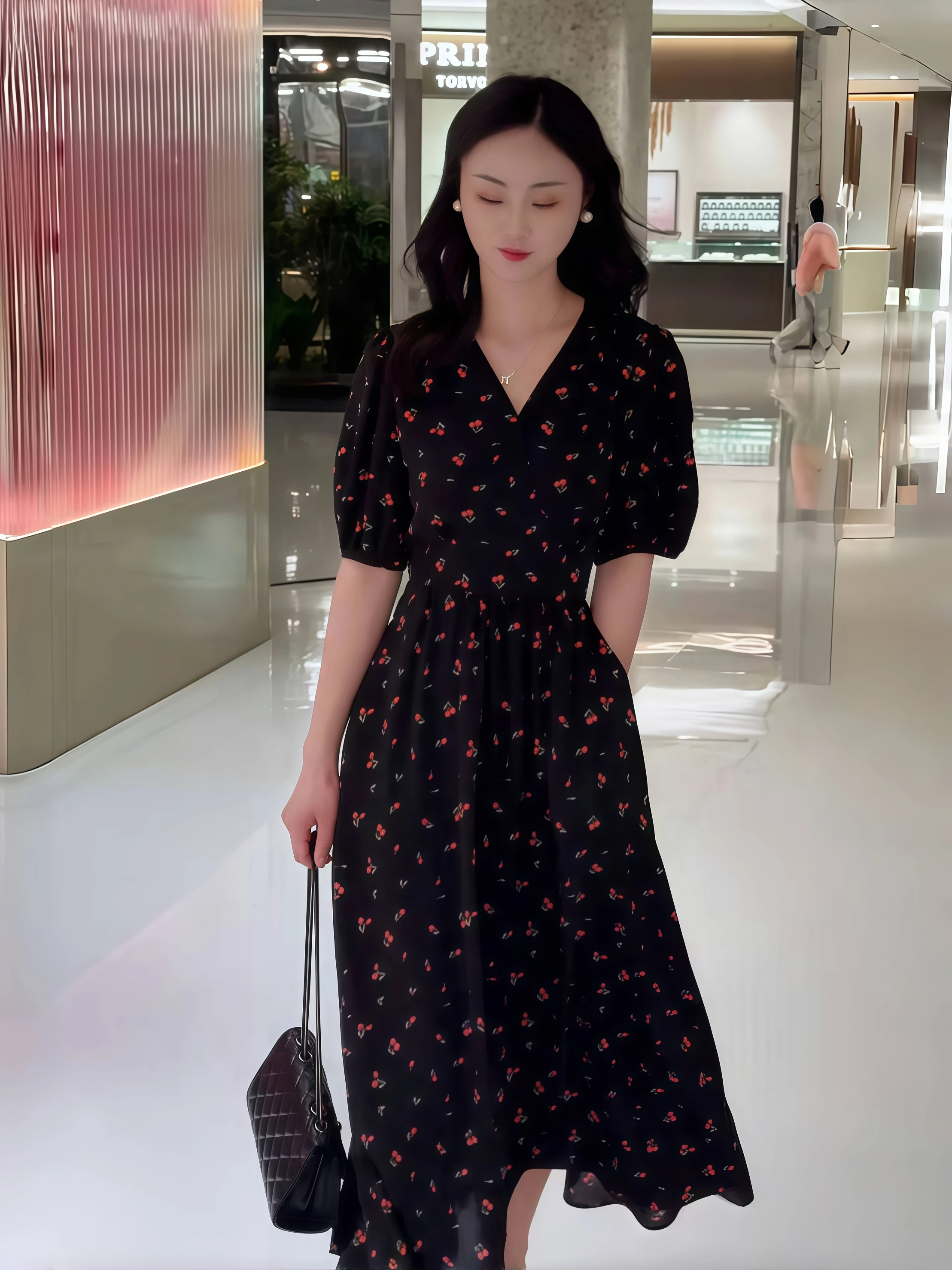 Vestido Floral Preto de Chiffon F com Decote em V Longo e Cintura inada Estilo Hepburn Saia em A Casual para Negócios