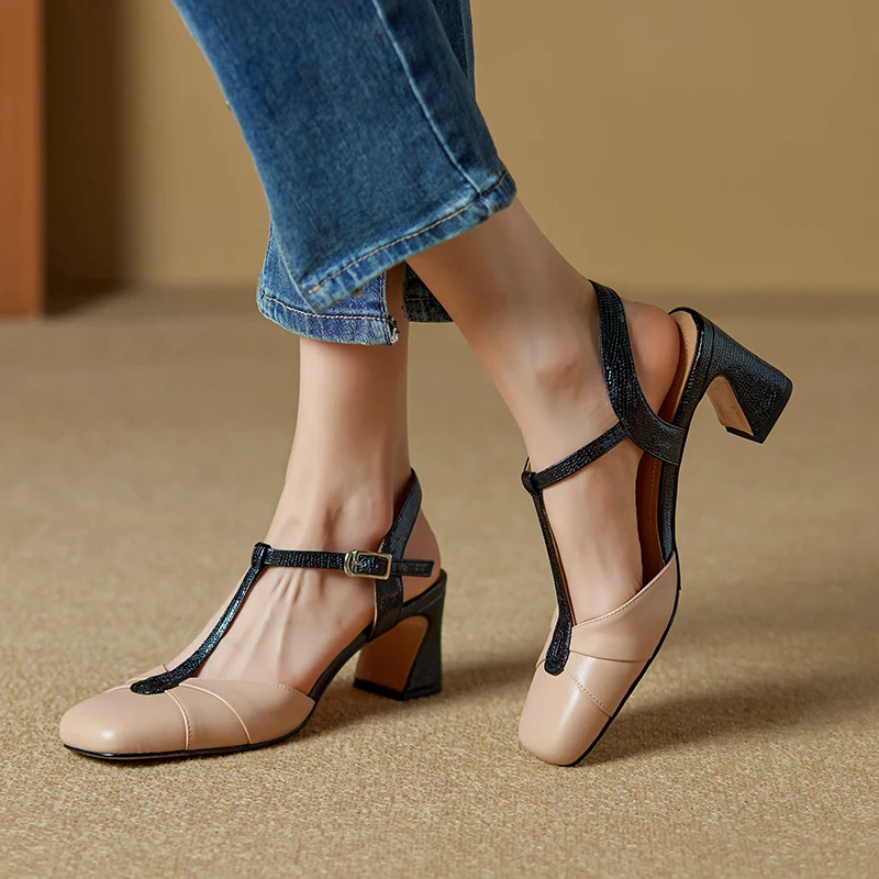 2024 Summer Women Shoes Genuine Leather Shoes for Women Square Toe Chunky Heel Women Sandals Retro Cover Toe Ankle Strap Shoes