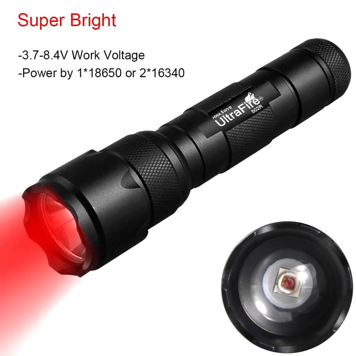 UltraFire 502R Zoom Red LED Flashlight Waterproof Red Light Indicator Zoomable Lantern Flashlight Outdoor Hunting Tactical Torch