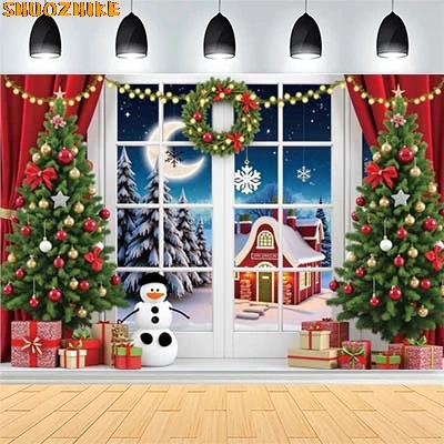 

Christmas Day Wreath Family New Year Party Photography Backdrops Prop Window Living Room Xmas Tree Gift Snow Background VN-04