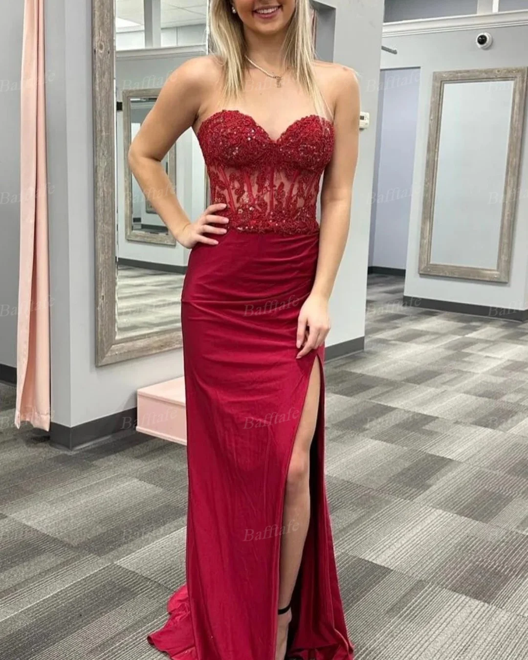 Bafftafe Burgundy Mermaid Satin Evening Dresses Appliques Lace Customized Women Formal Wedding Party Bridesmaid Gowns Prom Dress