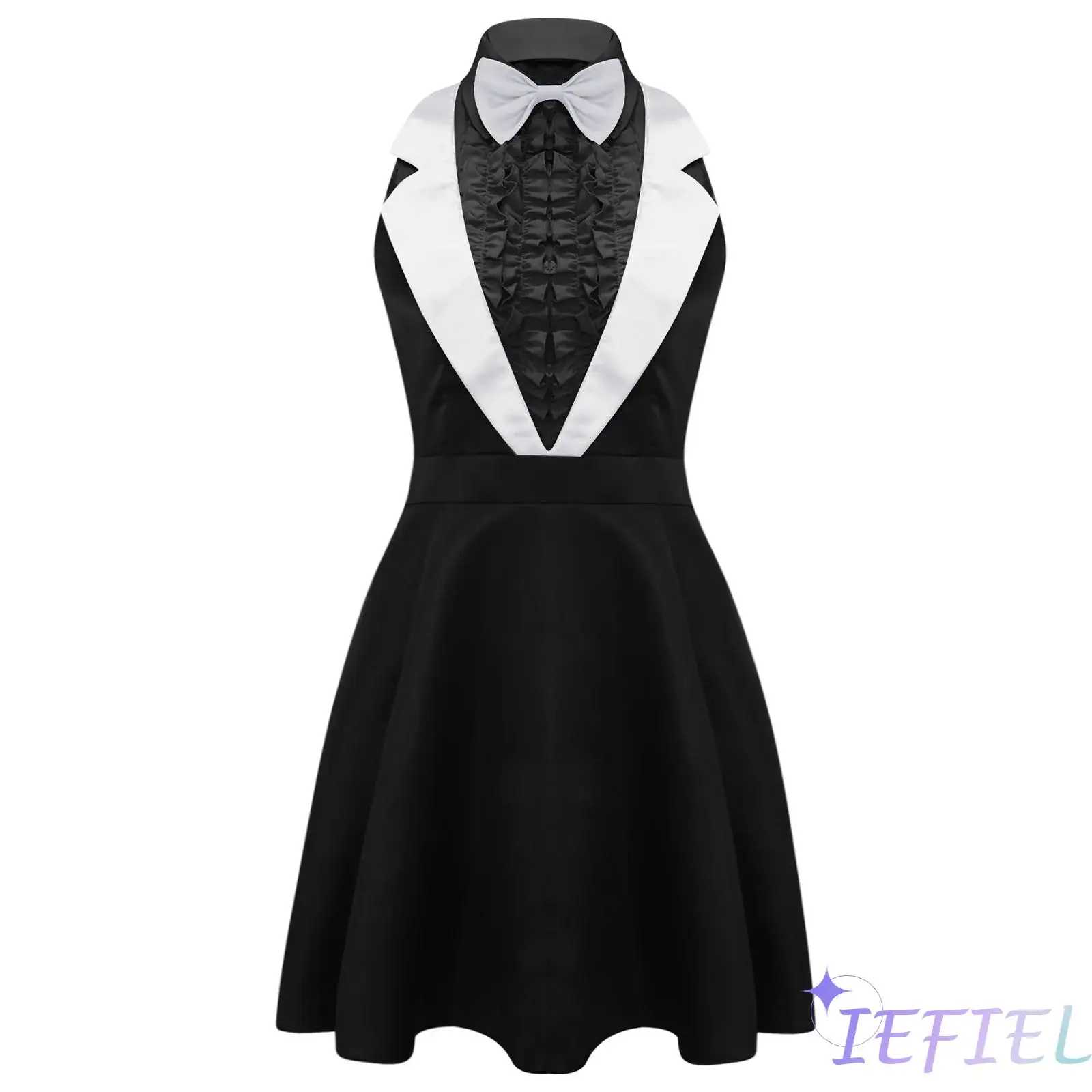 

Womens Halloween 70s 80s Dumber Cosplay Dress And Bowtie Lapel Sleeveless Ruffled Chest A-line Dress for Dress-up Party Raves