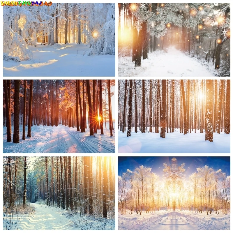 Winter Schnee Wald Hintergrund Wunderland Natürliche Landschaft Baum Fotografie Hintergrund Familie Weihnachten Party Decor Foto Studio