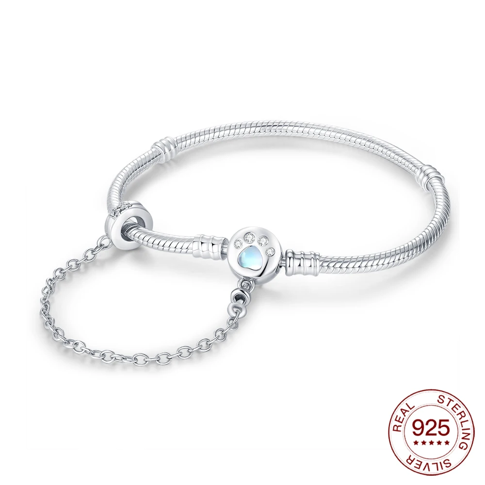 New 925 Sterling Silver Bracelet Paw Print Round Buckle Safety Chain For Women For Original Charm Beads Jewelry Love Gifts