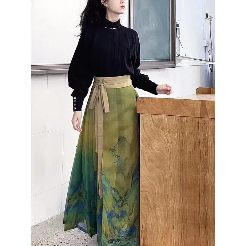 Traditional Daily Hanfu Women's Chinese Style Suit Embroidery Sleeve Horse-face Pleated Skirt Fashion Street Wear Clothing