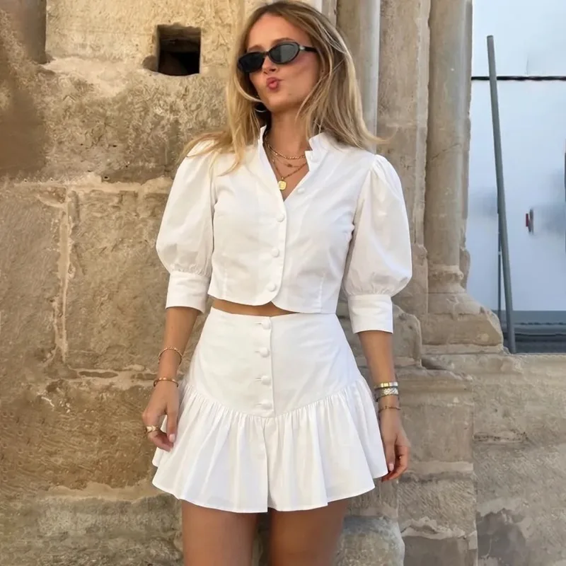Tuularose White Mini Skirt 2-Piece Set Summer Casual Shirt Top Ruffled Pleated Skirt Suit Elegant Party Female Outfit Dress Sets view 2