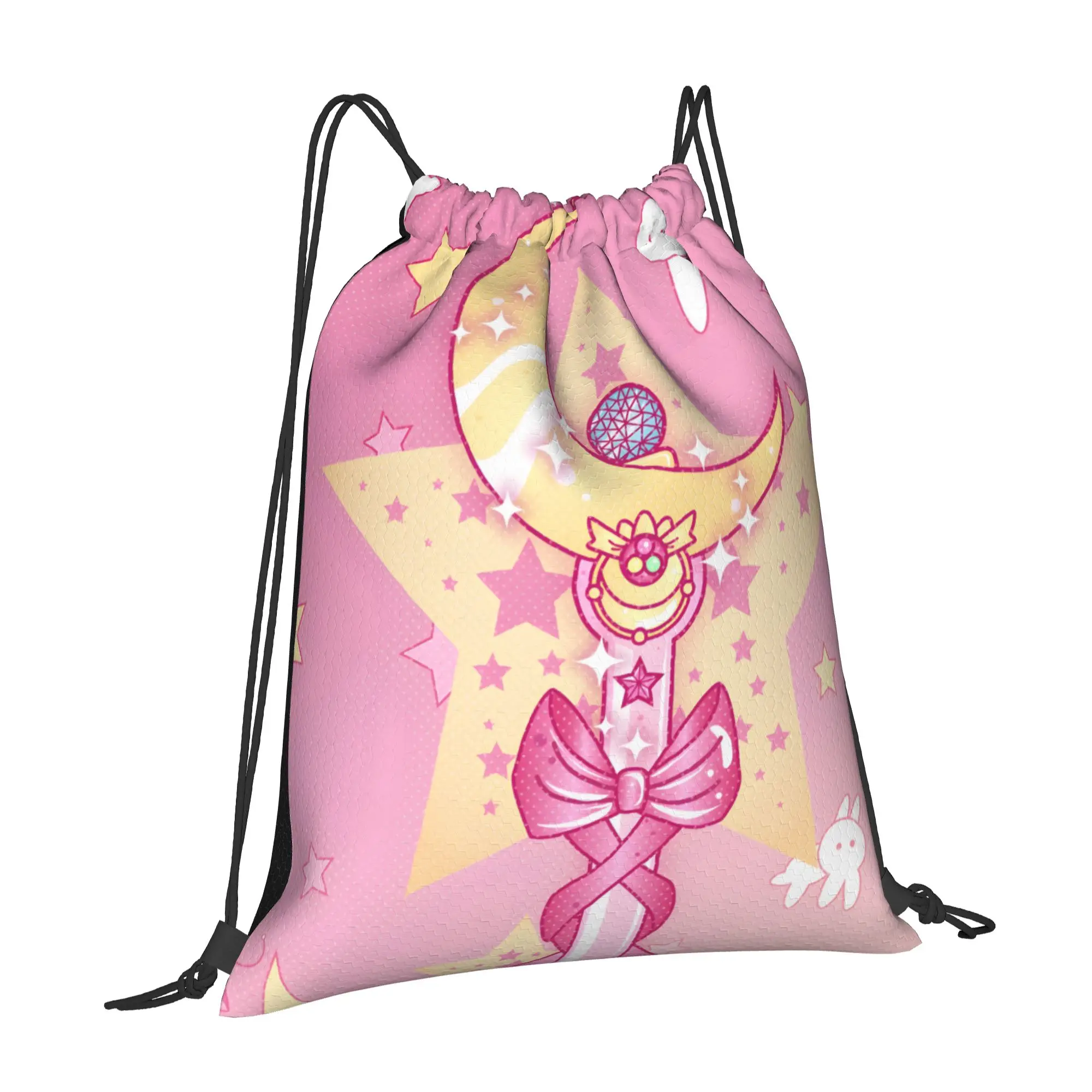 1 pc Pink Magical Staff Sailor Moon Print Drawstring Bags Men Women Storage Backpack Teenager Travel Bag