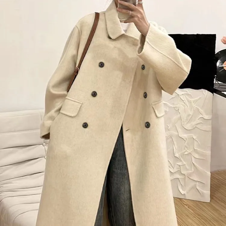 2024 autumn and winter new double-sided wool coat, double breasted long style, loose Korean version, small woolen coat for women