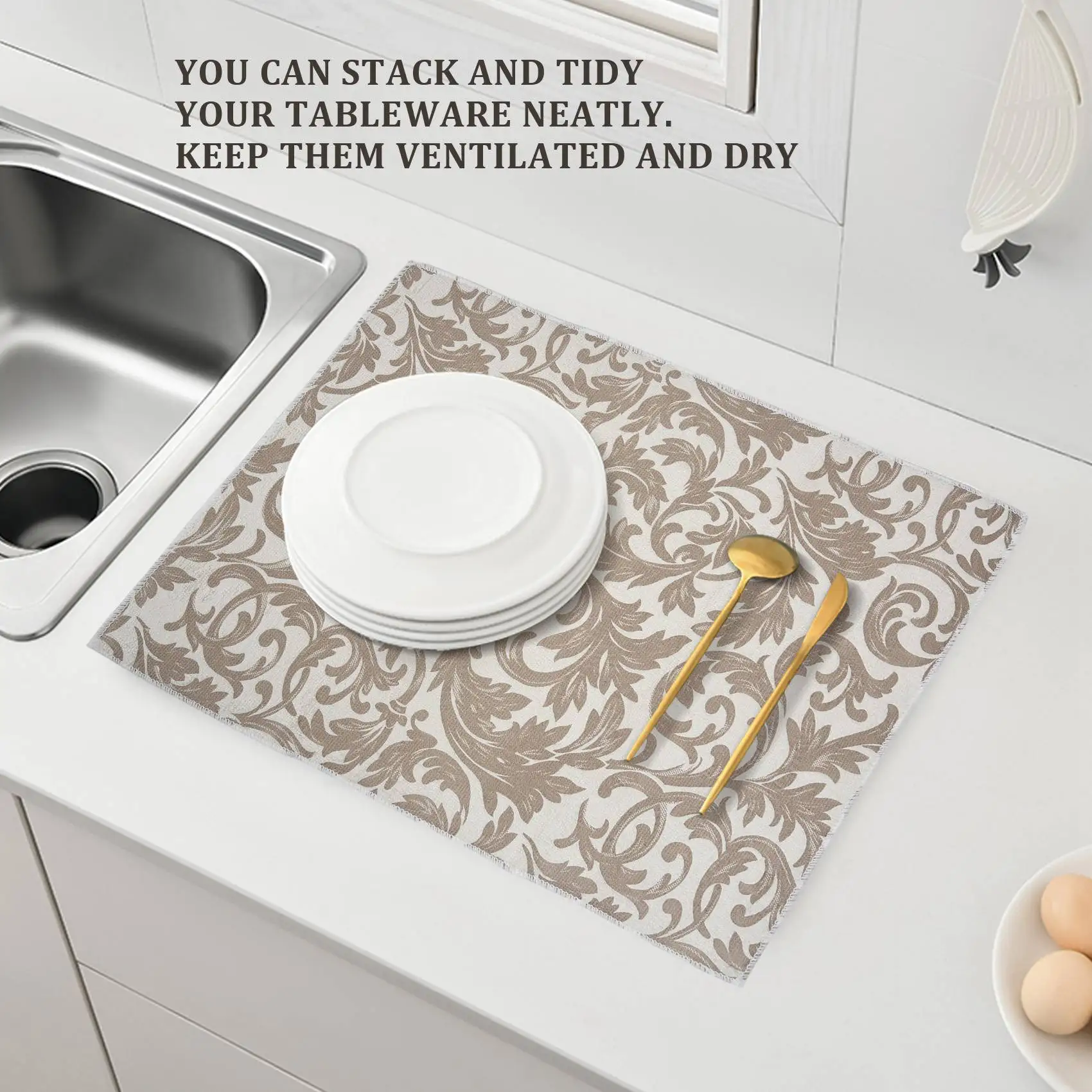 B62B Dish Drying Mat 2 Pack Absorbent Microfiber Kitchen Counter Mat Machine Washable Grey Vine 51x38cm