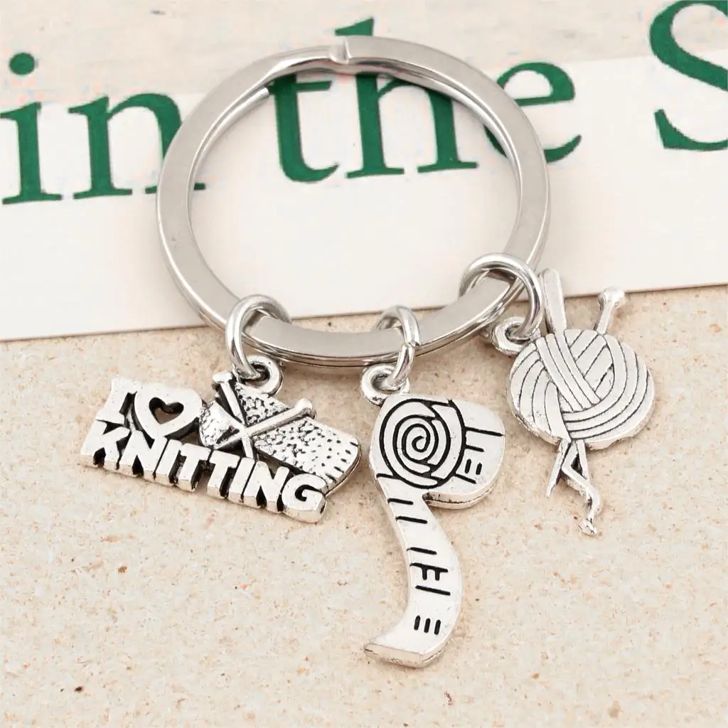 1Pc I Love Knitting And Measuring Ruler Charms Keychain Yarn Ball Knit Crochet Keyholder Dressmaker Mom Gift Jewelry Craft