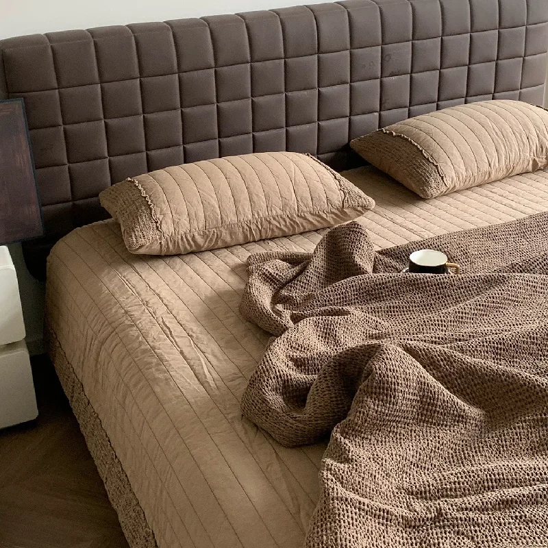 Enzyme Washed Cotton Waffle Weave Bedspread Set 3Pcs, Ultra Soft Solid Color Quilt Coverlet, All Season Breathable Bed Cover