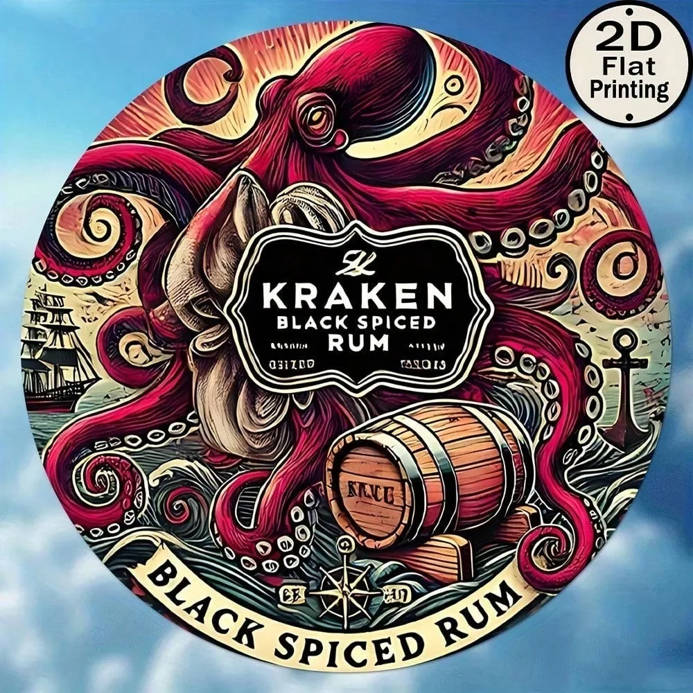 Letrero Metálico Redondo Náutico Vintage Kraken Black Spiced Rum Octopus, Decoración de Pared Rústica de Hojalata Retro para Bar, Pub, Cueva del Hombre, Hogar