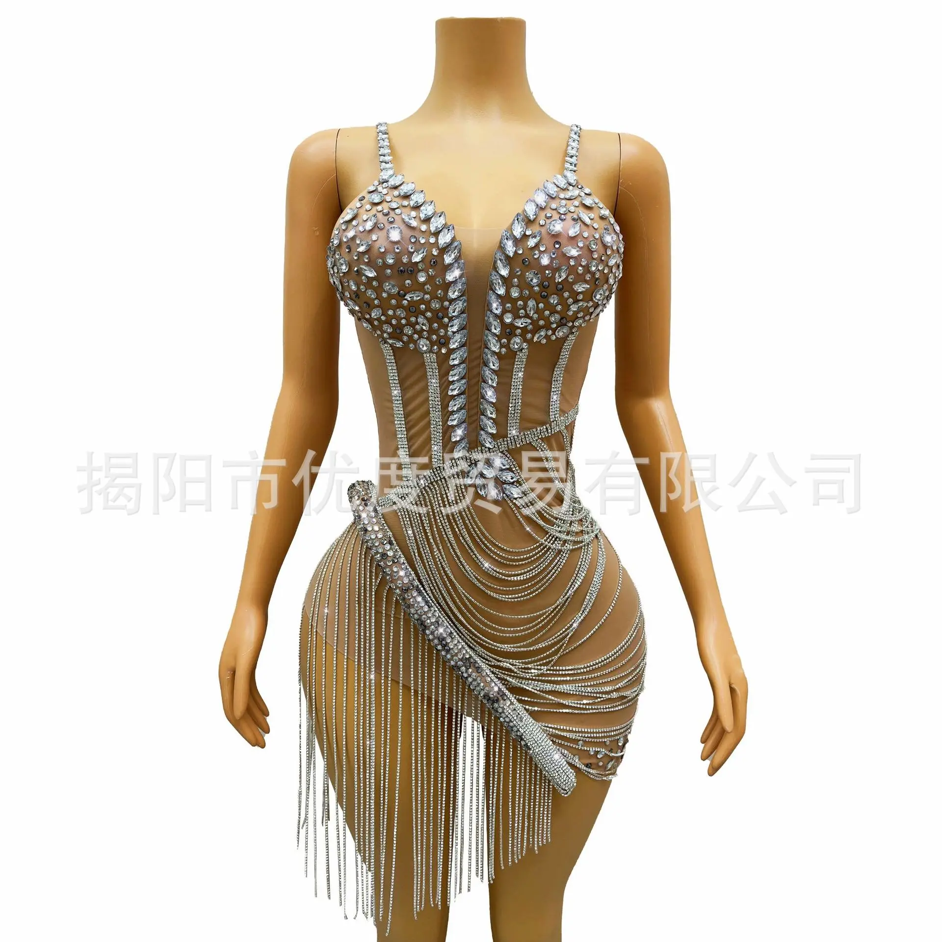 2026Fashion Temperament Rhinestone Diamond Chain Three-dimensional Snake Suspender Singer Cocktail Party, Night Show Short Skirt
