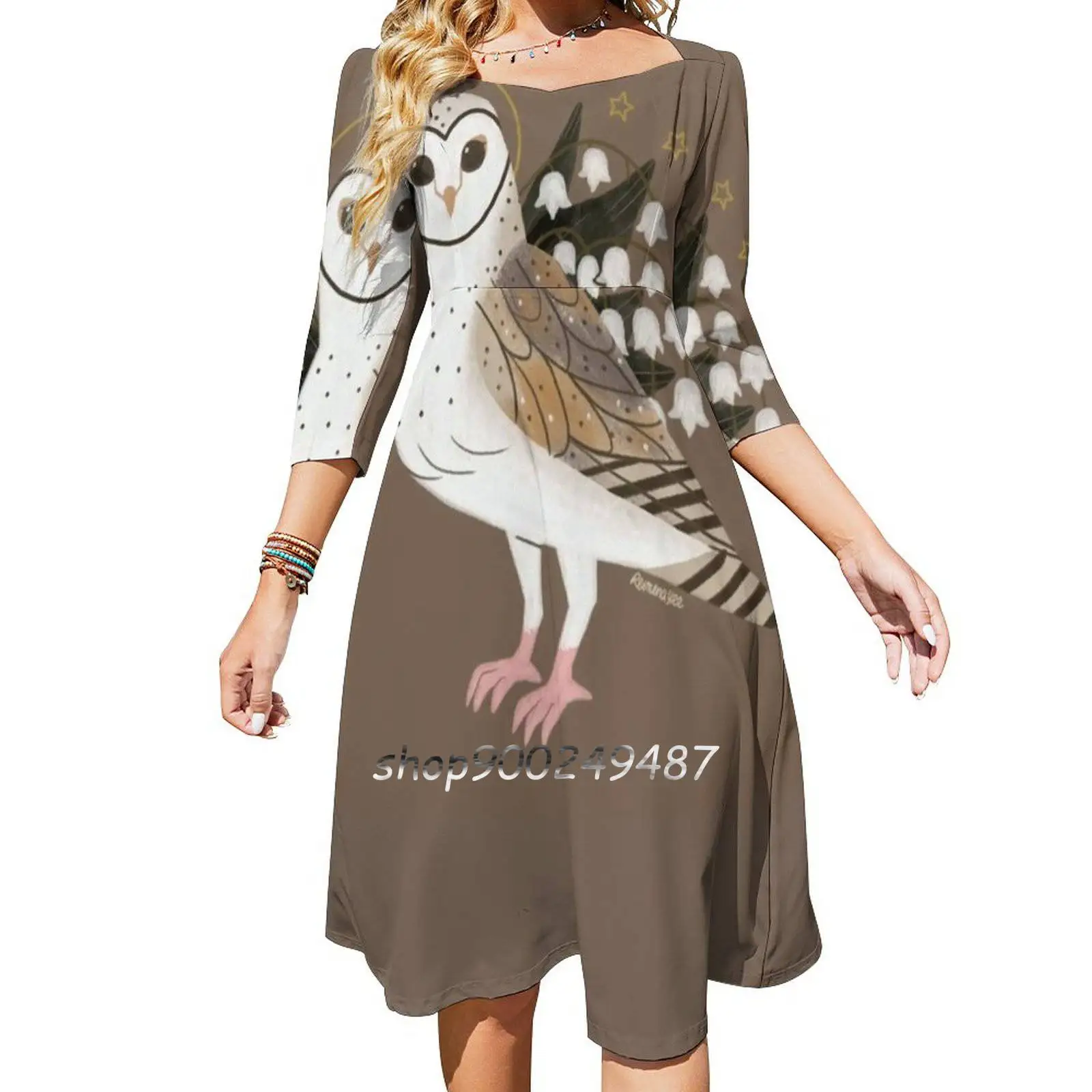 Familiar-Barn Owl Long Sleeve Sexy Dresses For Women 2022 Ladies Vintage Elegant Party Dress Barn Owl Owl Bird Flower Witchy