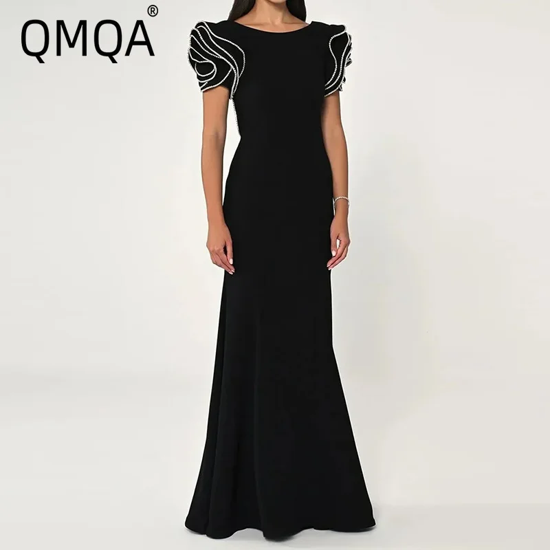 

QMQA Fashion Women's Designer Dress Spliced Diamond Ruffles Sleeve Backless High Waist Slimming Floor Dresses 2025 New QM599