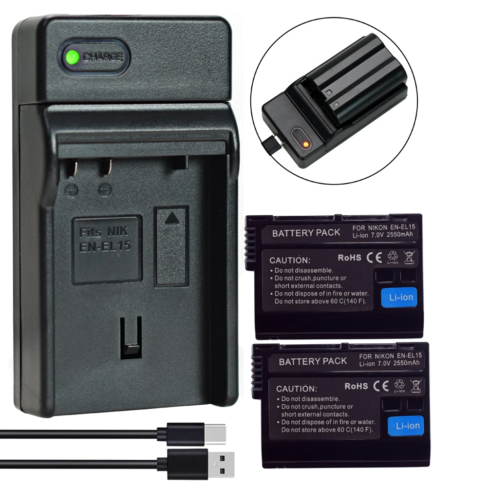 2PCS EN-EL15C Bateria EN-EL15 Battery + Slim Charger For Nikon D810A D850 D7000 D7100 D7200 D7500 EN-EL15 B