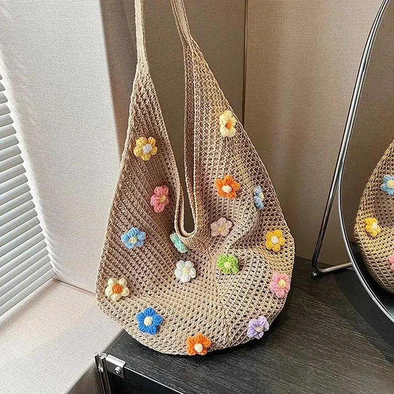 

Women Flower Knitted Shoulder Bag Fashion Handbag Lightweight Crochet Tote Bag Casual Top Handle Bag Outdoor Travel Bag