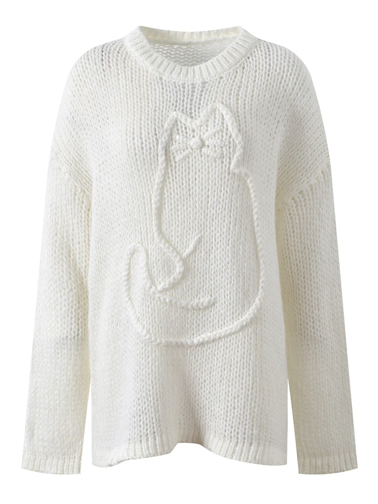 

High-End Autumn Winter Knitted Sweater Women Loose Fit Cartoon Pattern Thi Needle Knitwear Easy-To-Wear Top for Ladies