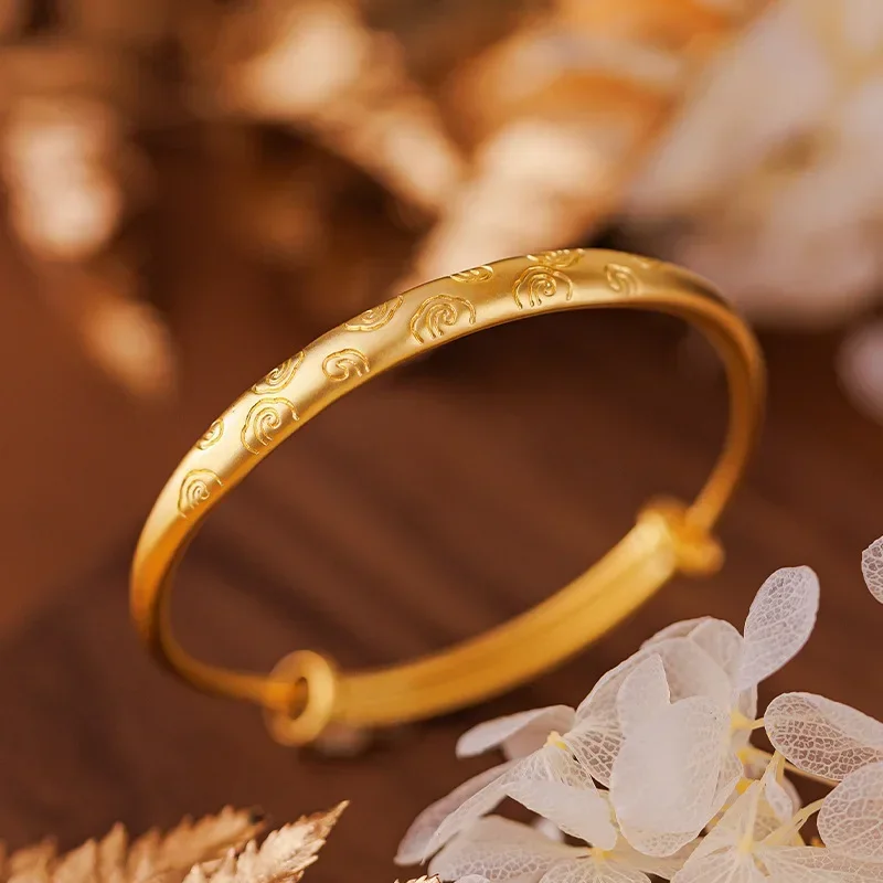 

9999 Real Gold 24K auspicious cloud pattern push-pull bracelet, ethnic style k gold matte texture auspicious cloud bracelet