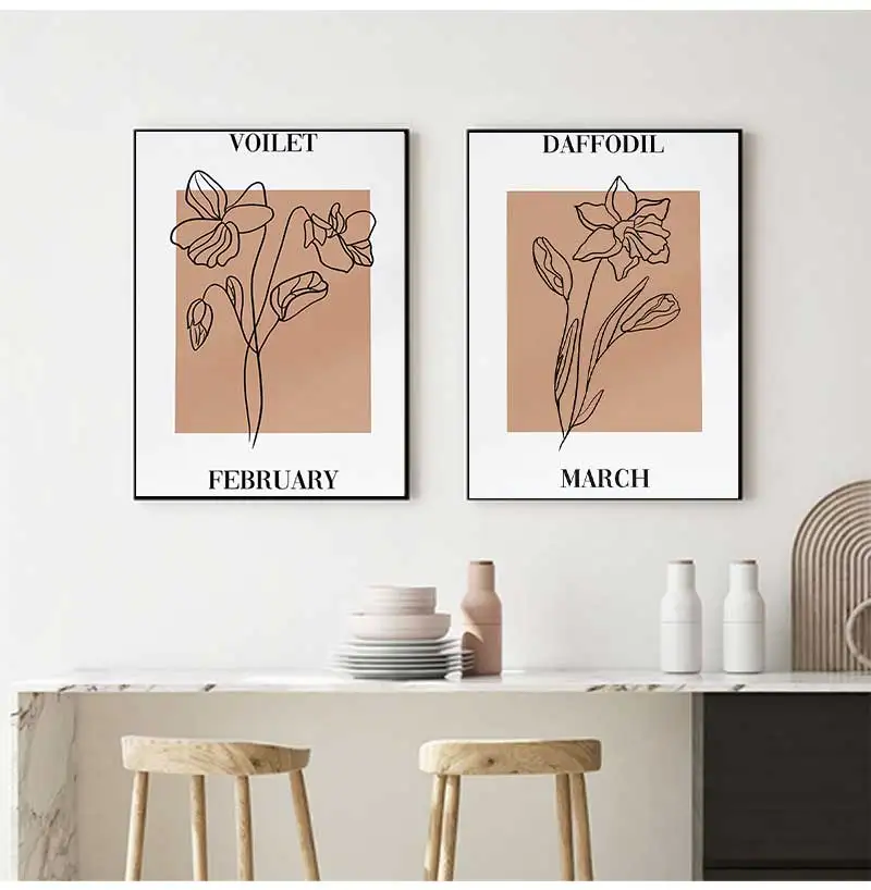 Birth Flowers Wall Art Poster Minimalist Lines Print Illustration Twelve Months Floral Canvas Painting Home Decor Gift Idea