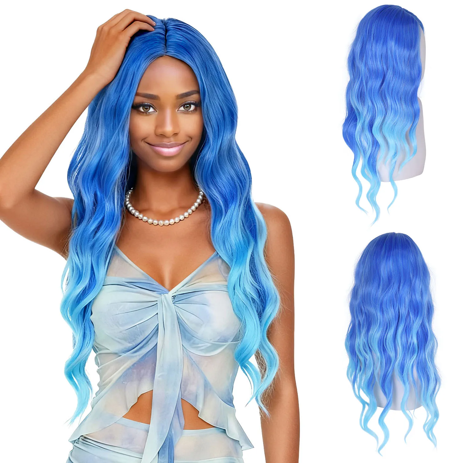 

Парик из синтетического волокна на шнуровке для чернокожих женщин, синие длинные волнистые вьющиеся парики с омбре, костюм на Хэллоуин, косплей, парик русалки, Drag Queen