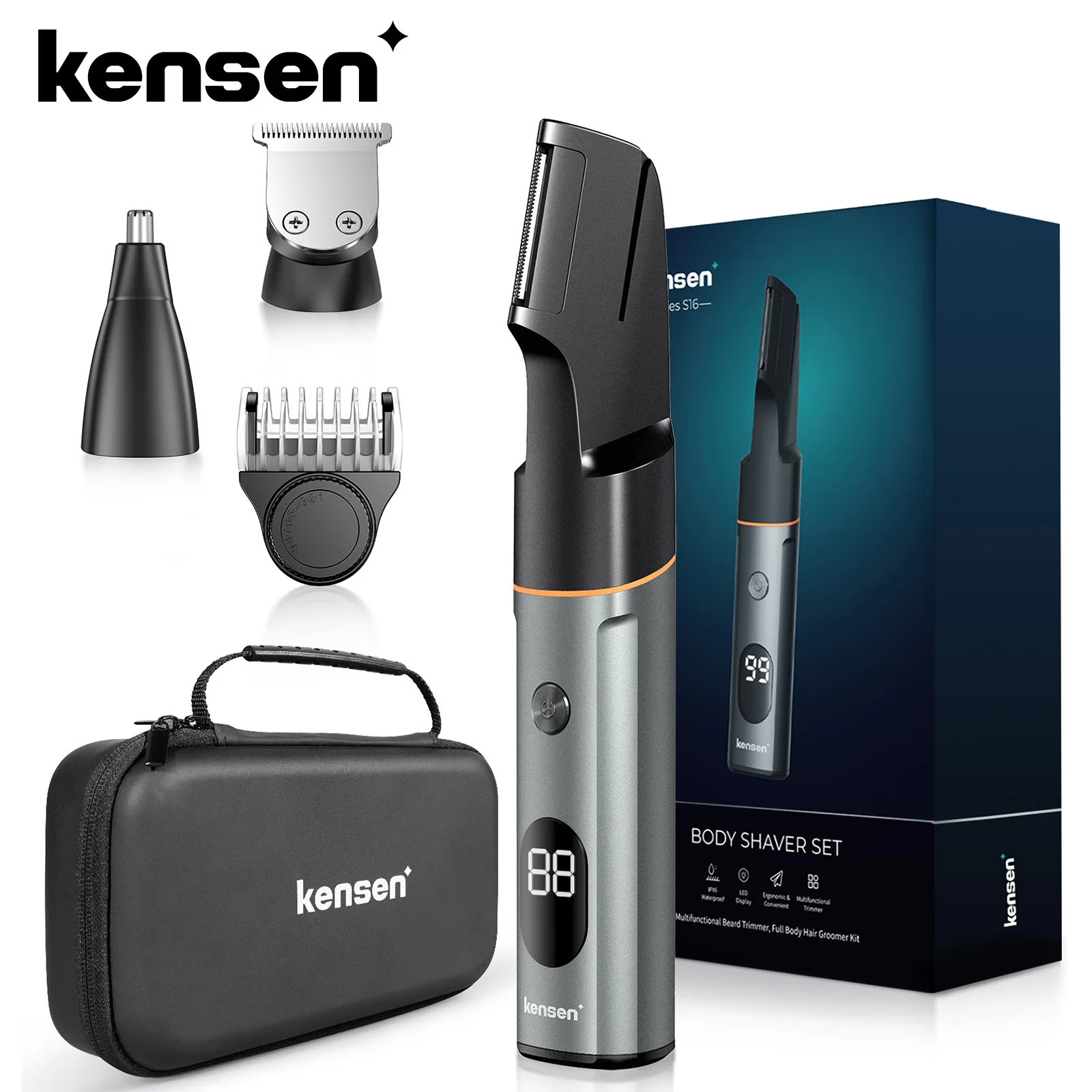 Kensen 3 in 1 Body Hair Trimmer Kit for Men Pubic Hair Shaver Nose Beard Trimmer IPX6 Waterproof Electric Shaver Hair Clippers