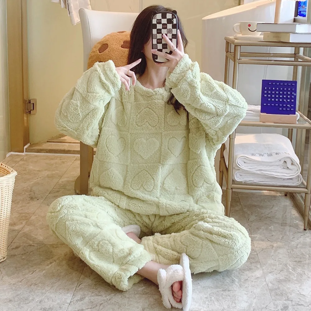 Women Winter Fleece Pajama Set Heart Jacquard Thick Warm Flannel 2‑Piece Suit Loose Plus Size Casual Home Loungewear Sleepwear