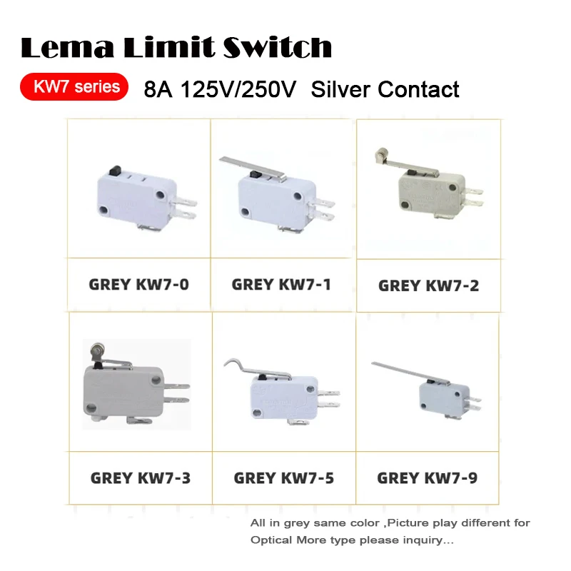 Uniteelec-Lema 10Pcs/Lot KW7-1 Middle Straight  Lever Sensitive Timer  Dc Snap Action Grey Micro Limit Switch