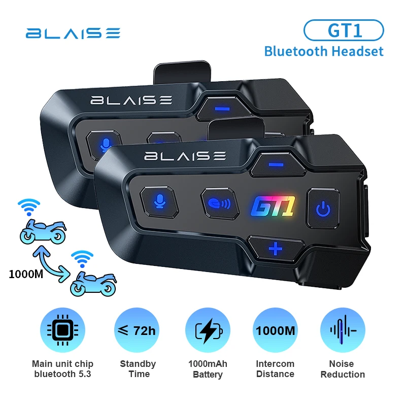 BLAISE GT1 Motorcycle Bluetooth Intercom Music Sharing 2 Riders 1000m Helmet Communication Speaker Headset Interphone ai voice