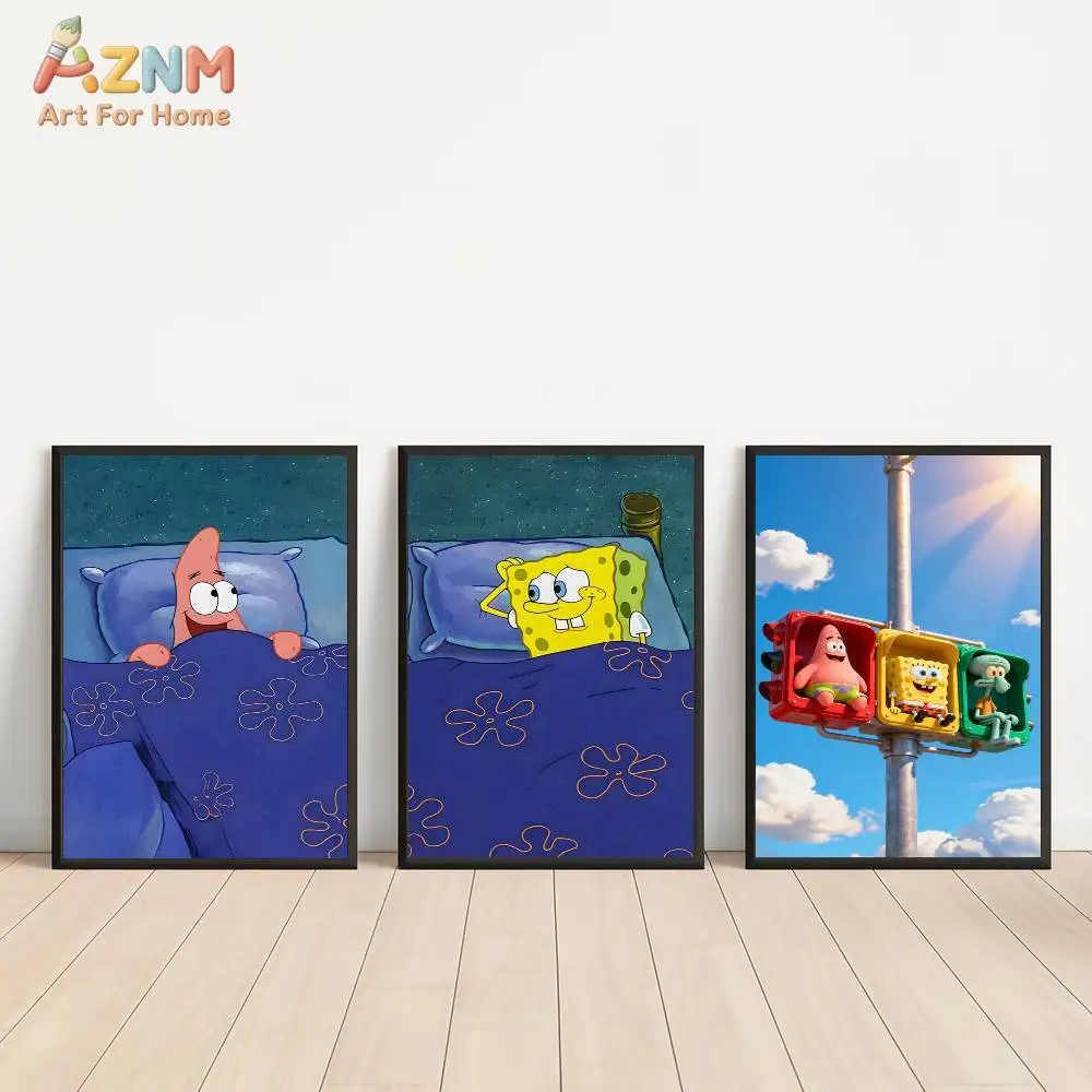 AZNM SpongeBob SquarePants Cartoon Canvas Wall Art, Patrick Star Cute Funny Poster Print, Unframed Canvas Painting for Kids Bedr