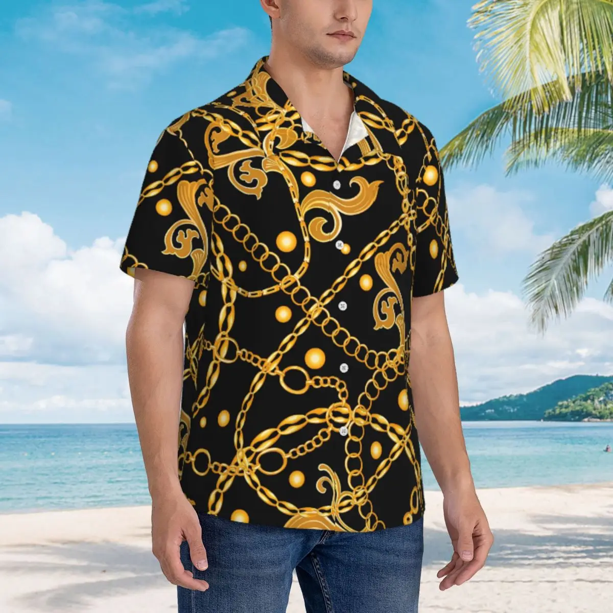 Golden Chain Vacation Shirt Vintage Print Summer Casual Shirts Male Vintage Blouses Short Sleeve Y2K Funny Design Top