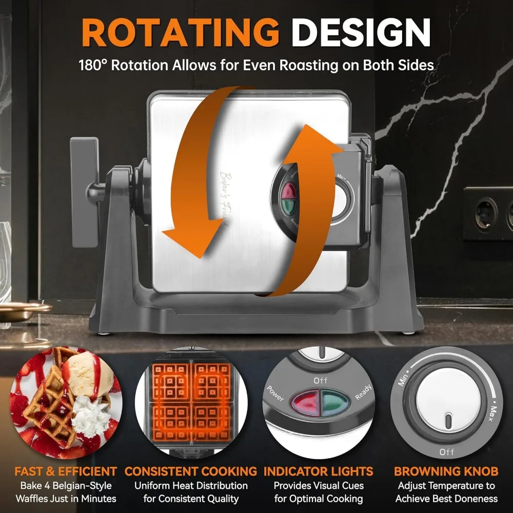 Mini Waffle Maker Flip, Belgian Waffle Maker Thick, with Browning Control, Waffle Irons Non Stick Surface, With Recipe & Brush