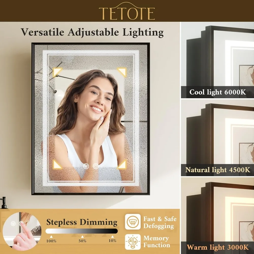 خزانة أدوية للحمام بإطار معدني بإضاءة LED باللون الأسود، مقاس 20 × 26 بوصة، مثبتة على السطح أو