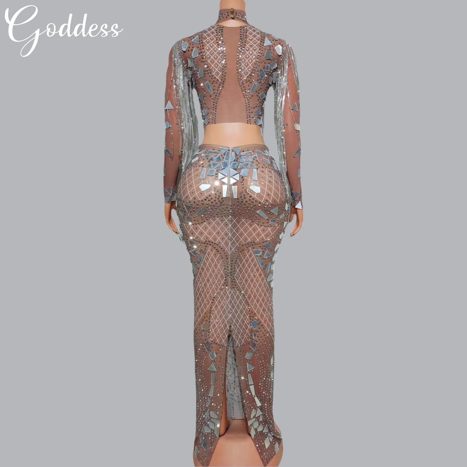 Sparkly Mirrors Tassel Evening Dress Party Nightclub Wedding Prom Long Dress Crop Top Sexy Stage Costume Dress Host Dress Yiner