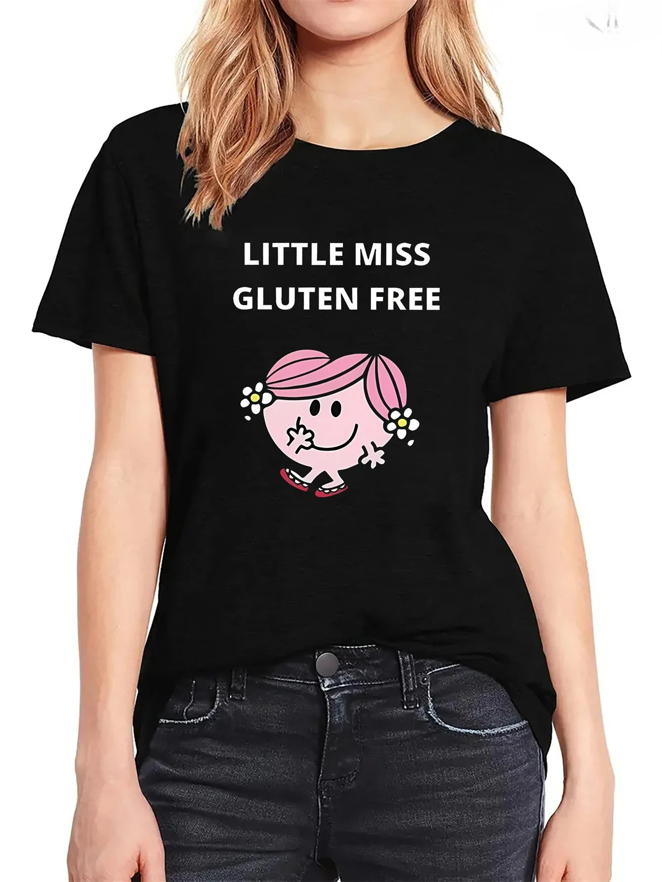 

Little Miss Gluten Free Cartoon Print T-Shirt Casual Crew Neck Medium Stretch All Seasons Top Women's Harajuku Sleeve Casual